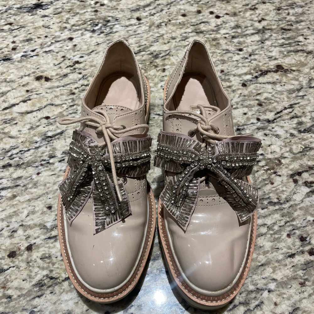Zara Women's Beige Oxford Shoes with Embellished Bow